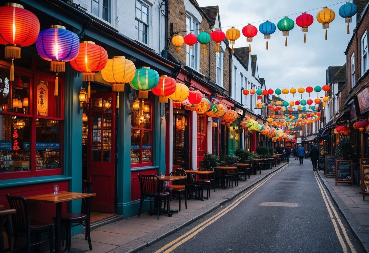 A bustling street in Colchester, Essex, lined with vibrant Asian and Chinese restaurants, each adorned with colorful lanterns and aromatic scents wafting from open doors