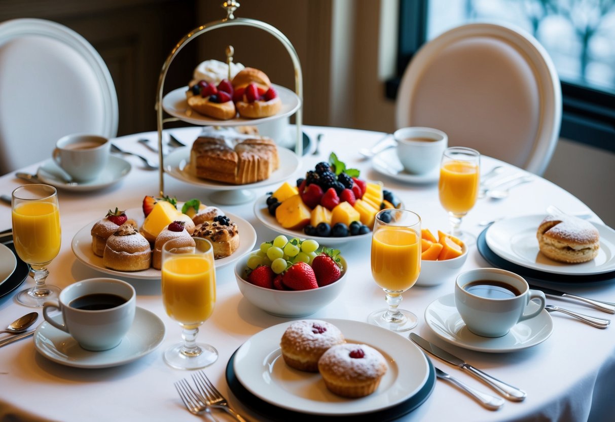 A table set with elegant place settings, filled with a variety of delicious breakfast options such as pastries, fruits, and gourmet coffee