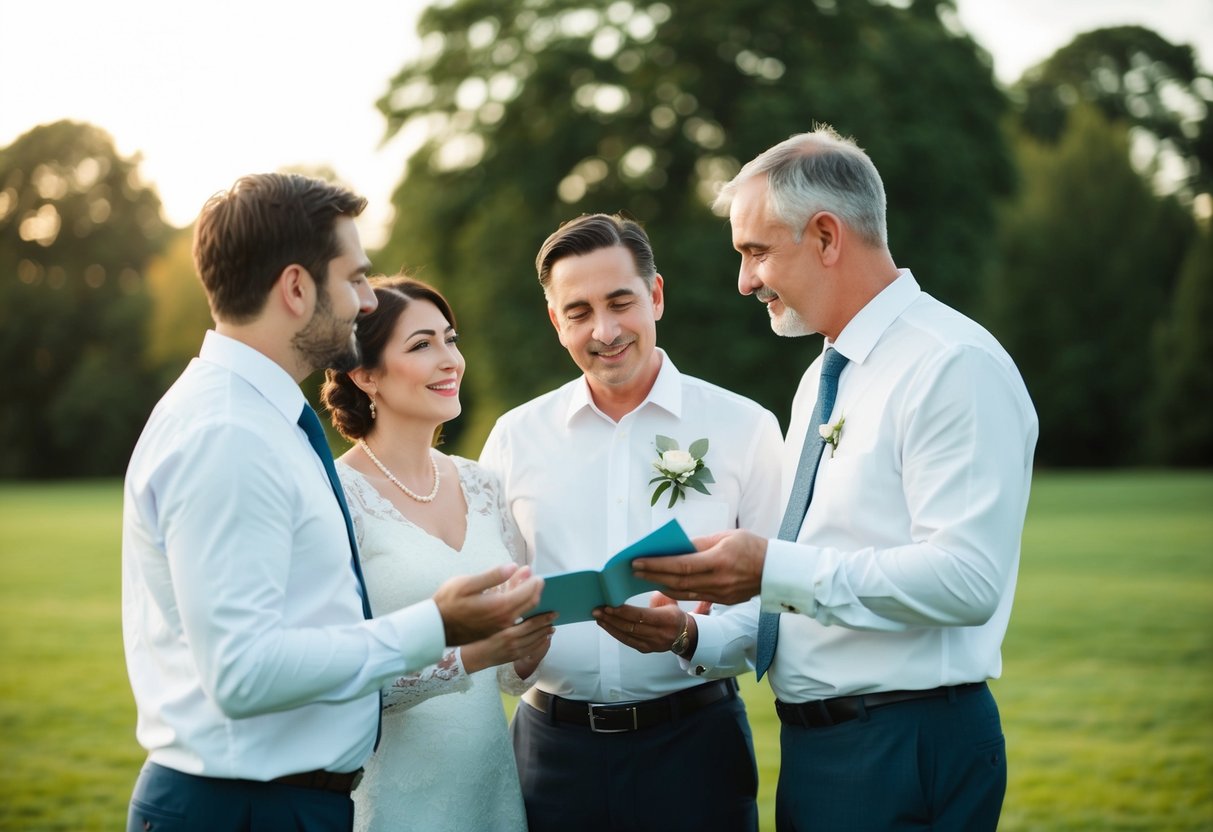 A couple stands with their parents, discussing wedding plans and financial responsibilities