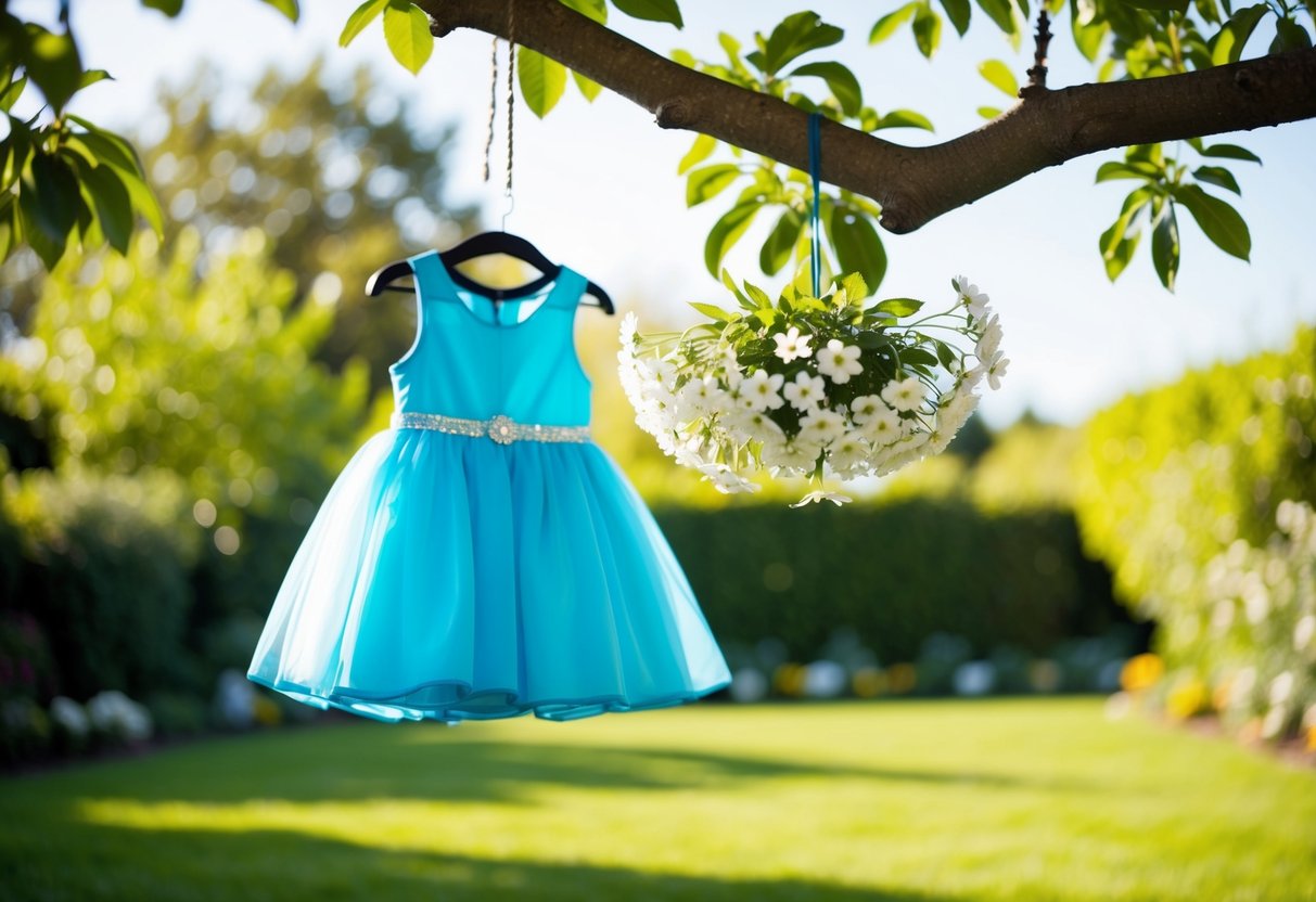 A sunny garden with a blue dress adorned with white flowers hanging from a tree branch