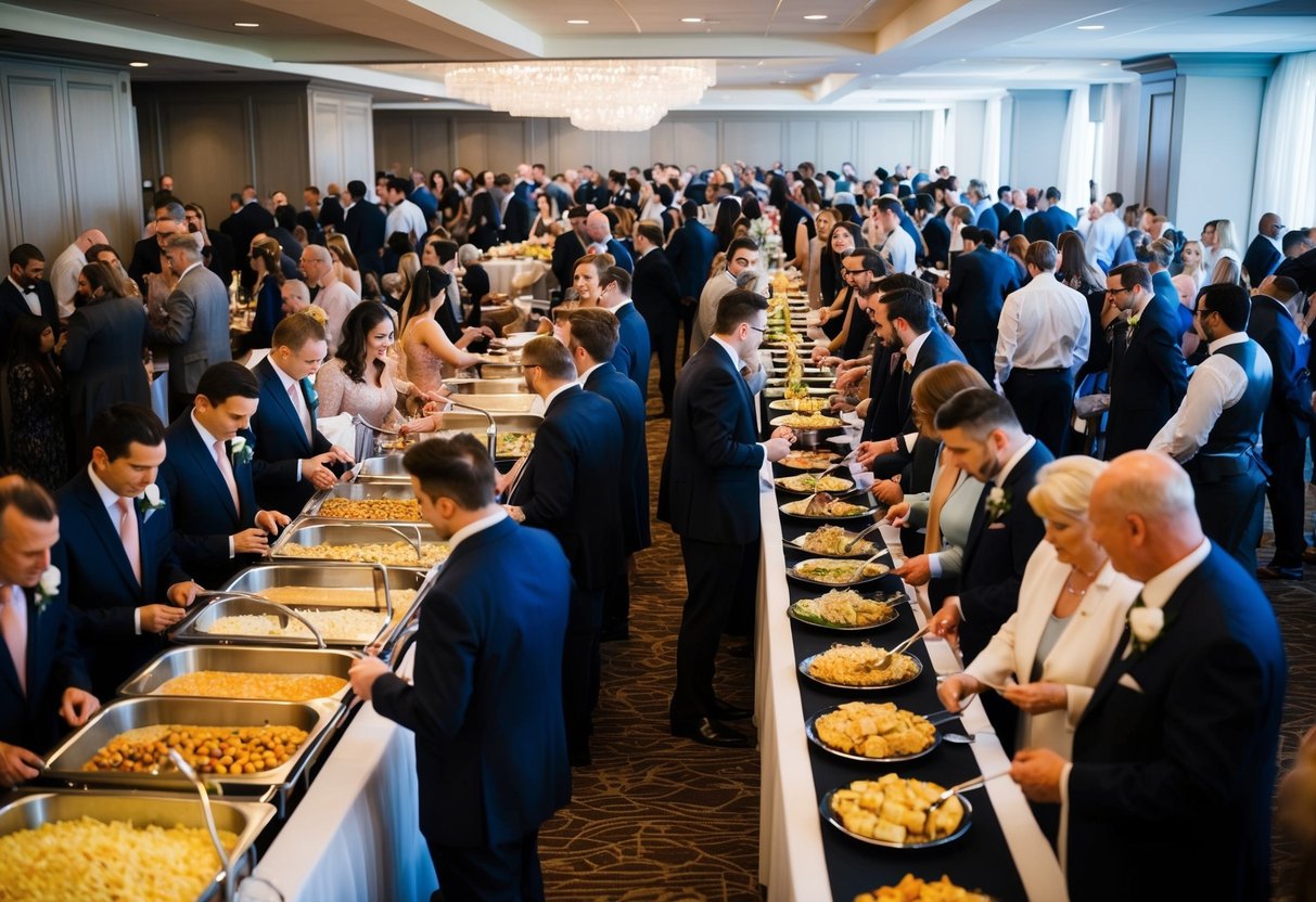 A crowded wedding venue with limited seating and long lines at the buffet