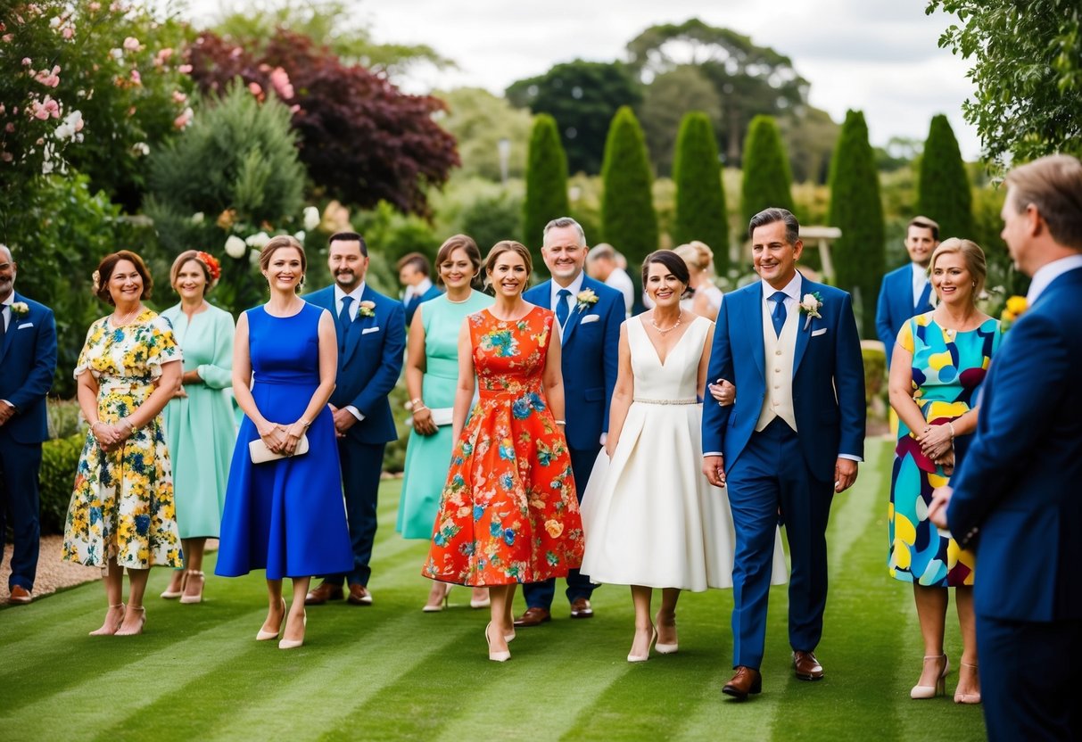 A garden wedding with guests in formal attire, some wearing colorful dresses with floral patterns