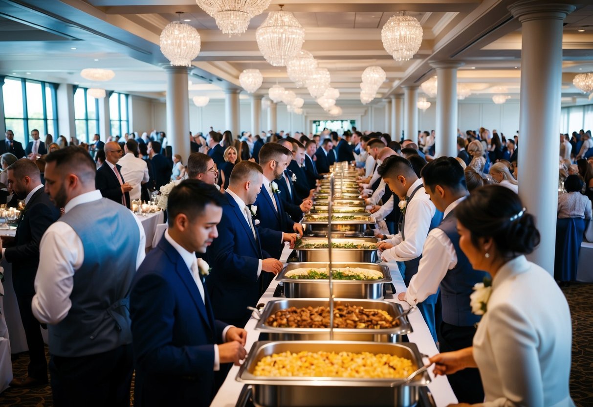 A crowded wedding venue with long lines at the buffet and limited seating