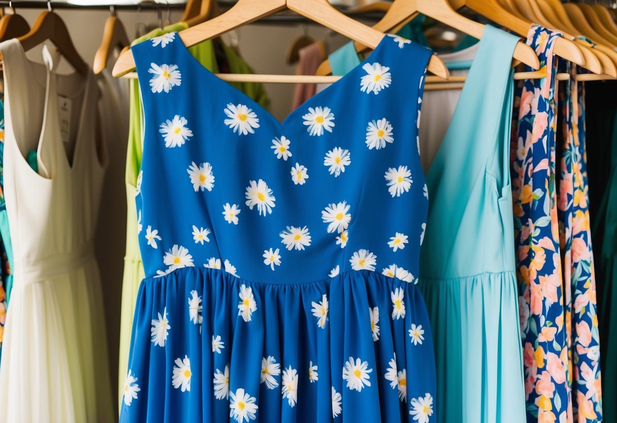 A blue dress with white flowers hangs on a clothing rack, surrounded by other colorful options. The fabric is lightweight and flowing, perfect for a summer wedding