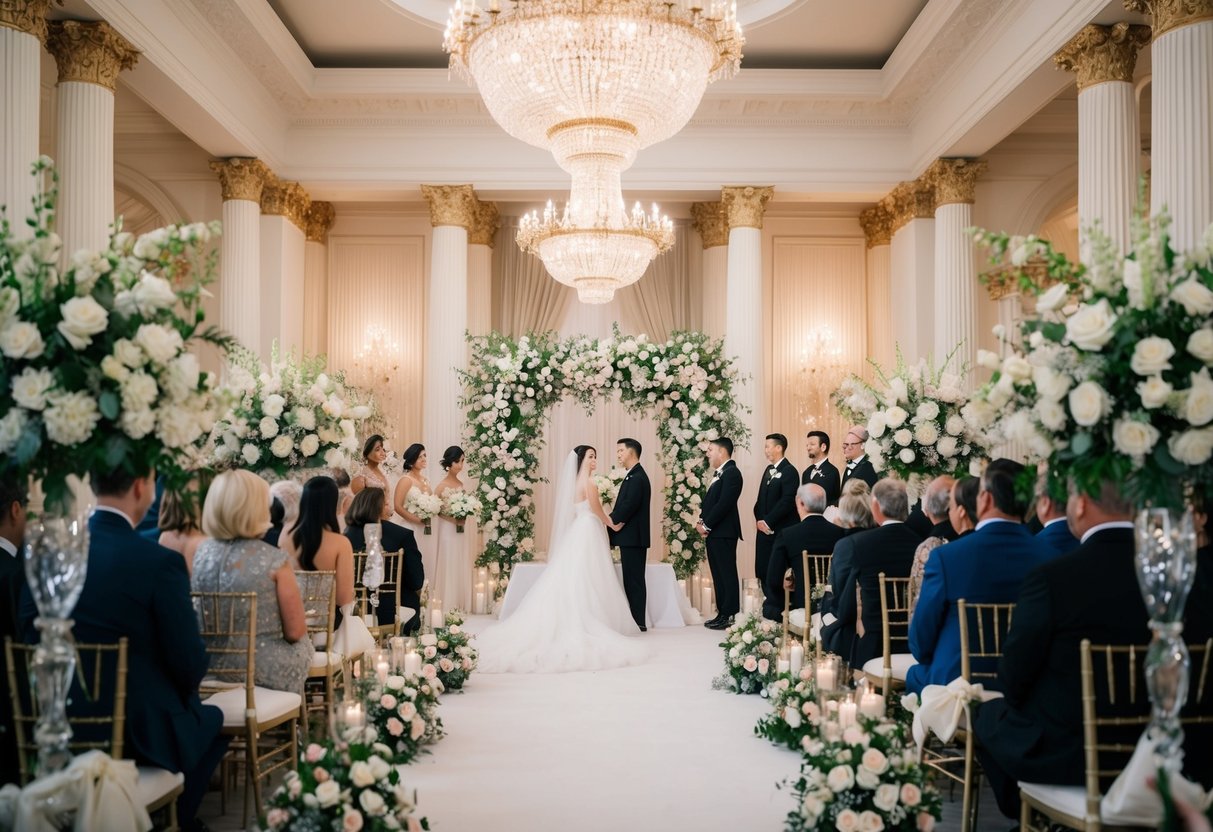 A grand wedding venue with lavish decorations, a large guest list, and expensive floral arrangements, contrasted with a small, intimate ceremony
