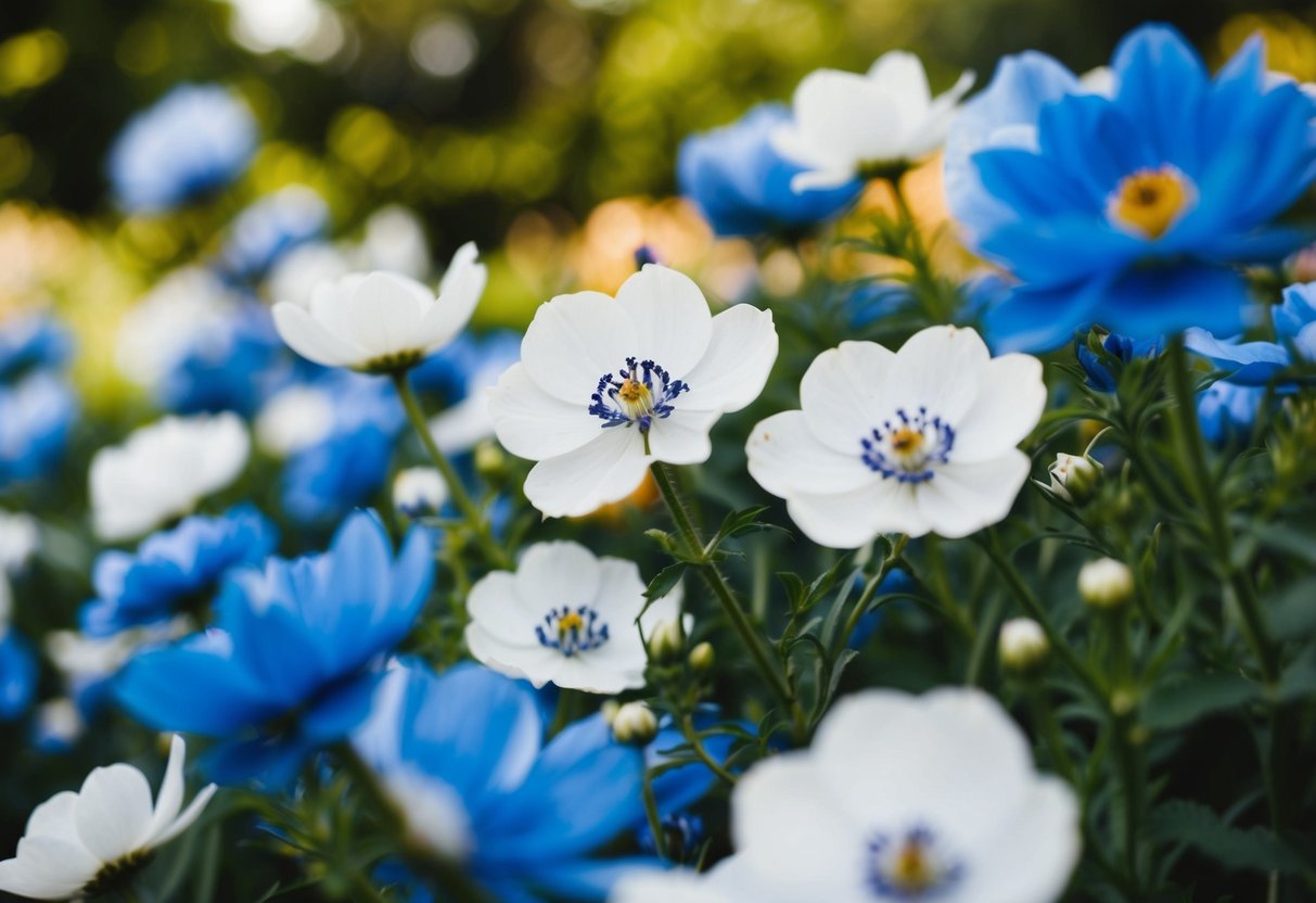 A garden wedding with blooming flowers and a blue and white color palette