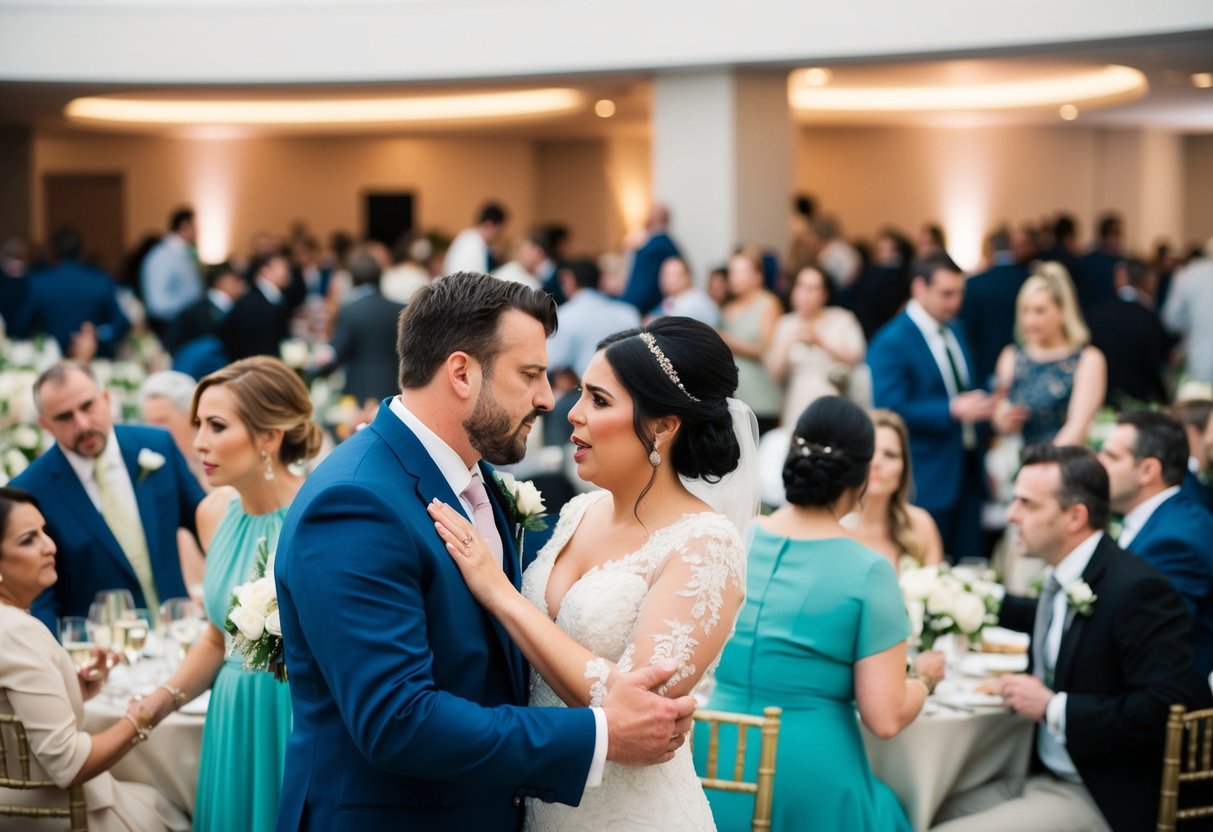 A chaotic wedding venue with multiple vendors and guests causing confusion and stress for the couple