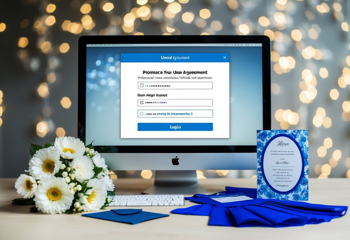 A computer screen with login prompts and user agreements displayed, surrounded by a wedding invitation and a blue dress with white flowers