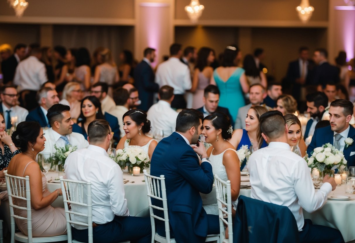 A crowded wedding reception with guests struggling to find seats and engage in conversation due to the large number of attendees