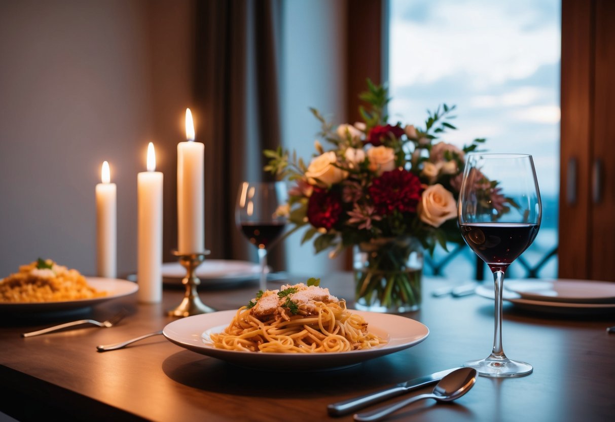 A table set with a romantic dinner: a candlelit setting with a plate of pasta, a glass of wine, and a bouquet of flowers