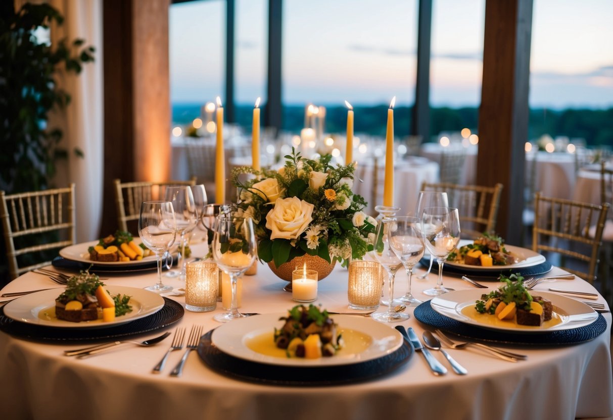 A beautifully set table with elegant place settings, a candlelit ambiance, and a delicious spread of gourmet dishes for a pre-wedding dinner