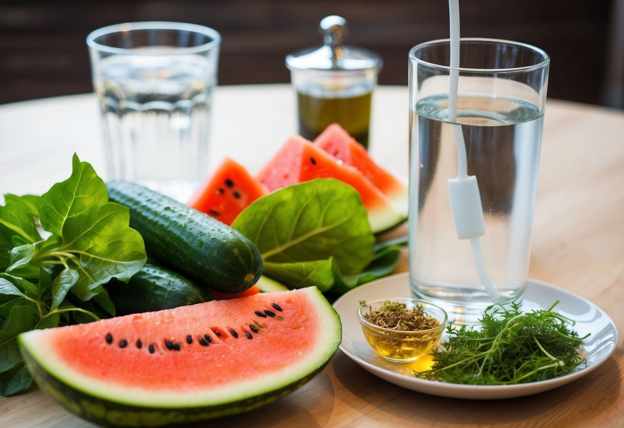 A table with a variety of hydrating foods like cucumber, watermelon, and leafy greens, alongside a glass of water and herbal tea