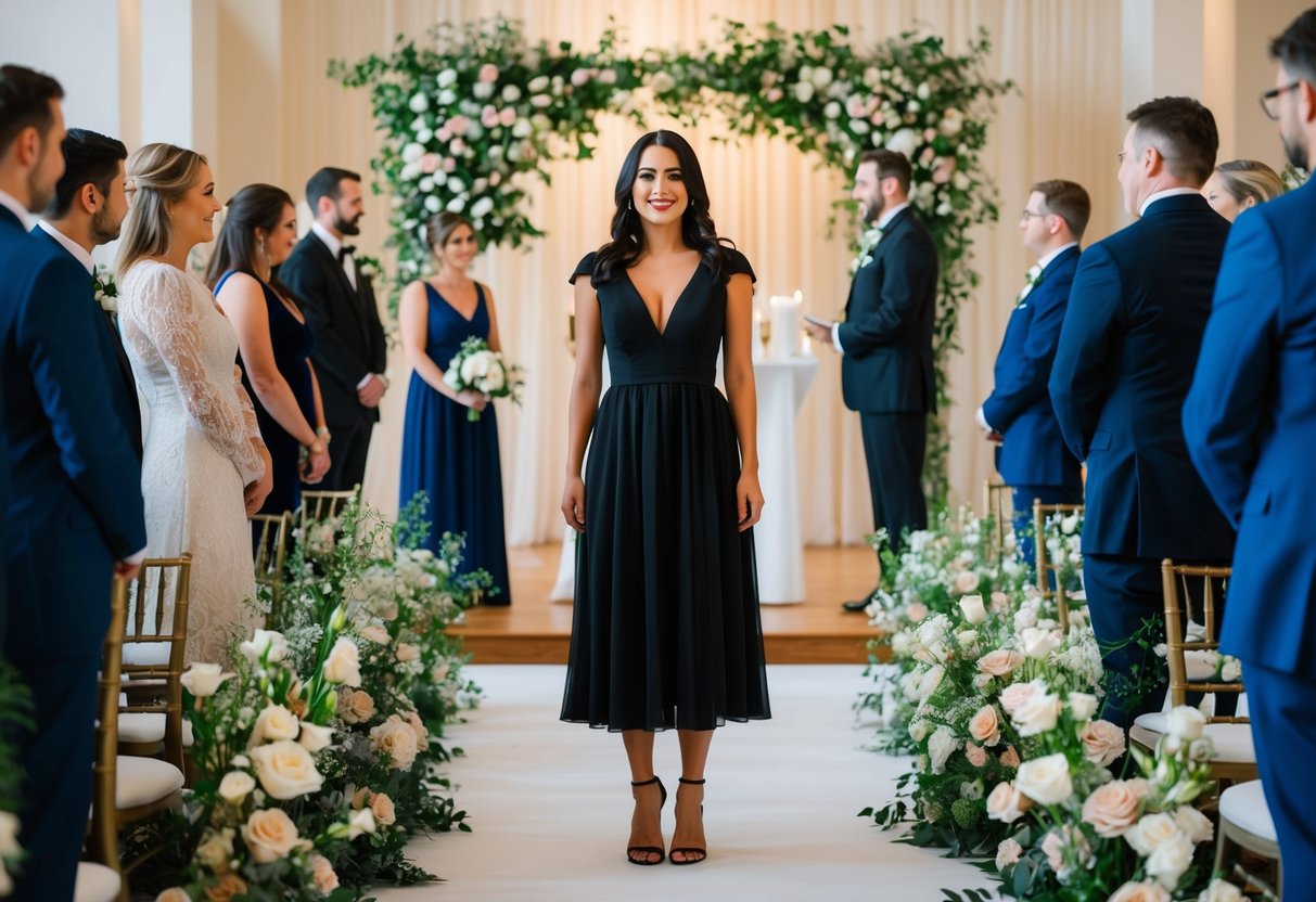 A woman in a black dress stands in a floral-filled wedding venue, surrounded by guests and a groom at the altar