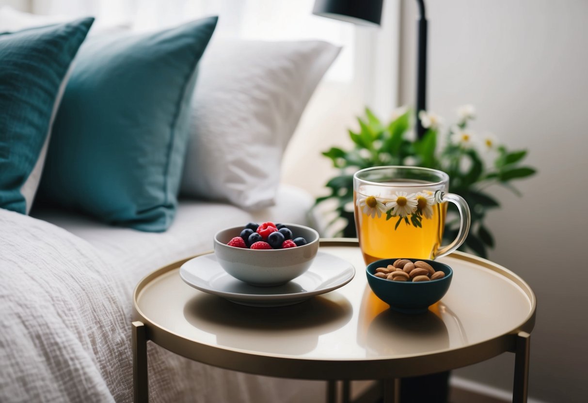 A tranquil bedroom with a bedside table holding a plate of calming chamomile tea, a bowl of fresh berries, and a small dish of nuts and seeds