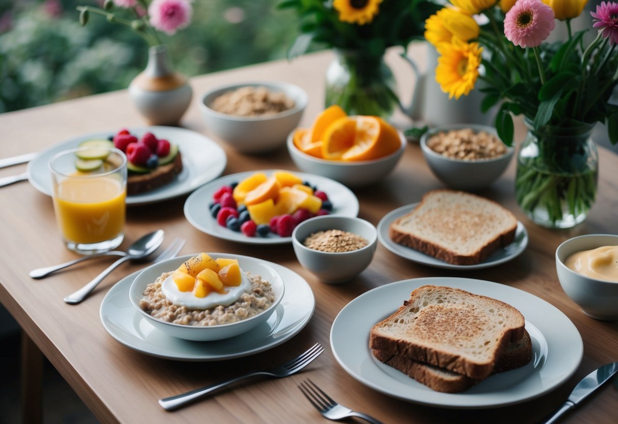 A table set with a variety of healthy and filling breakfast options, such as oatmeal, fruit, yogurt, and whole grain toast, surrounded by fresh flowers and a serene atmosphere