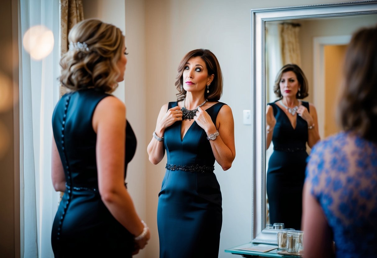 A woman in a sleek black dress stands nervously in front of a mirror, contemplating her outfit choice for her son's wedding