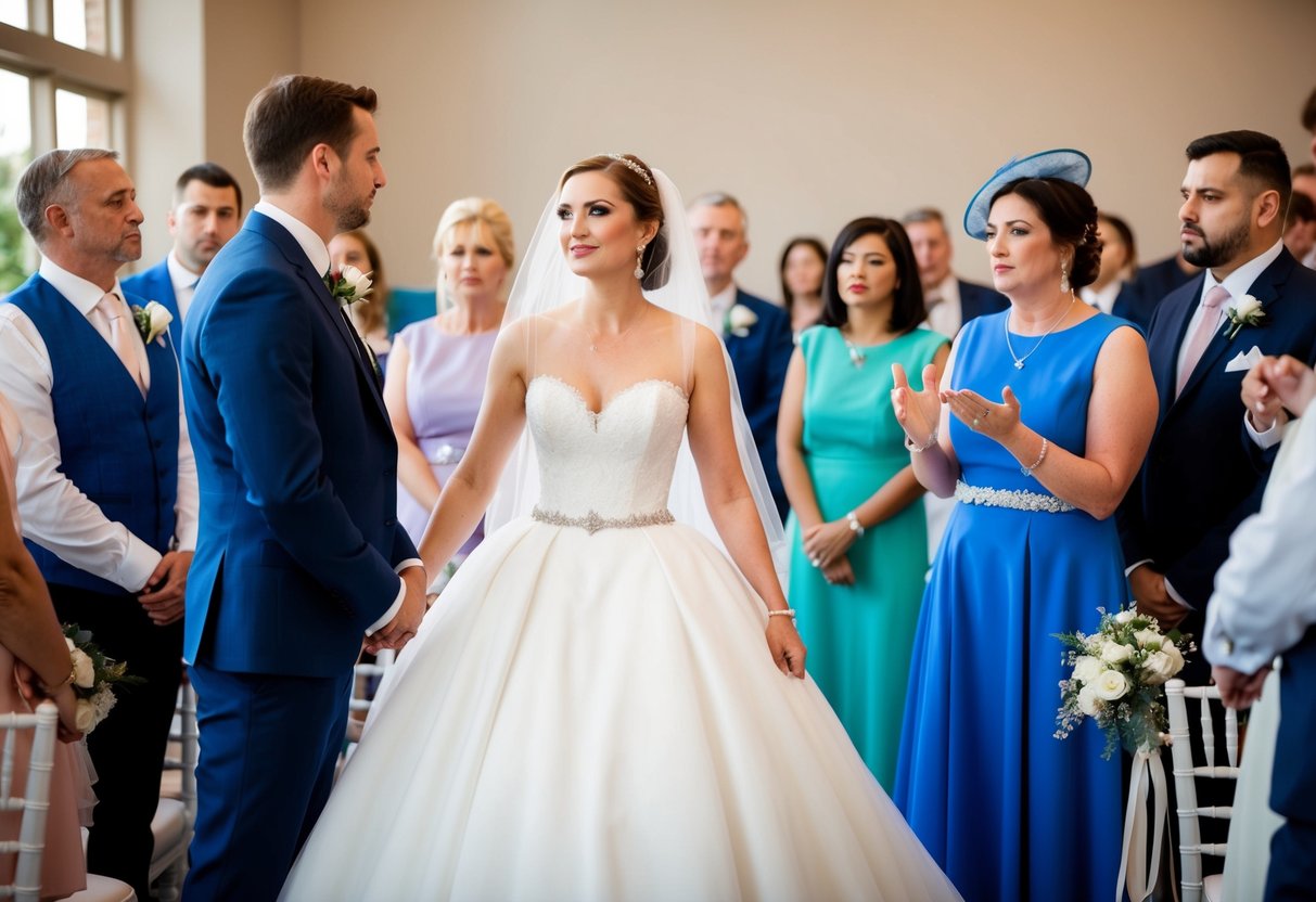 A bride in a white gown at a wedding, surrounded by guests in various colored attire, with disapproving glances towards someone wearing white