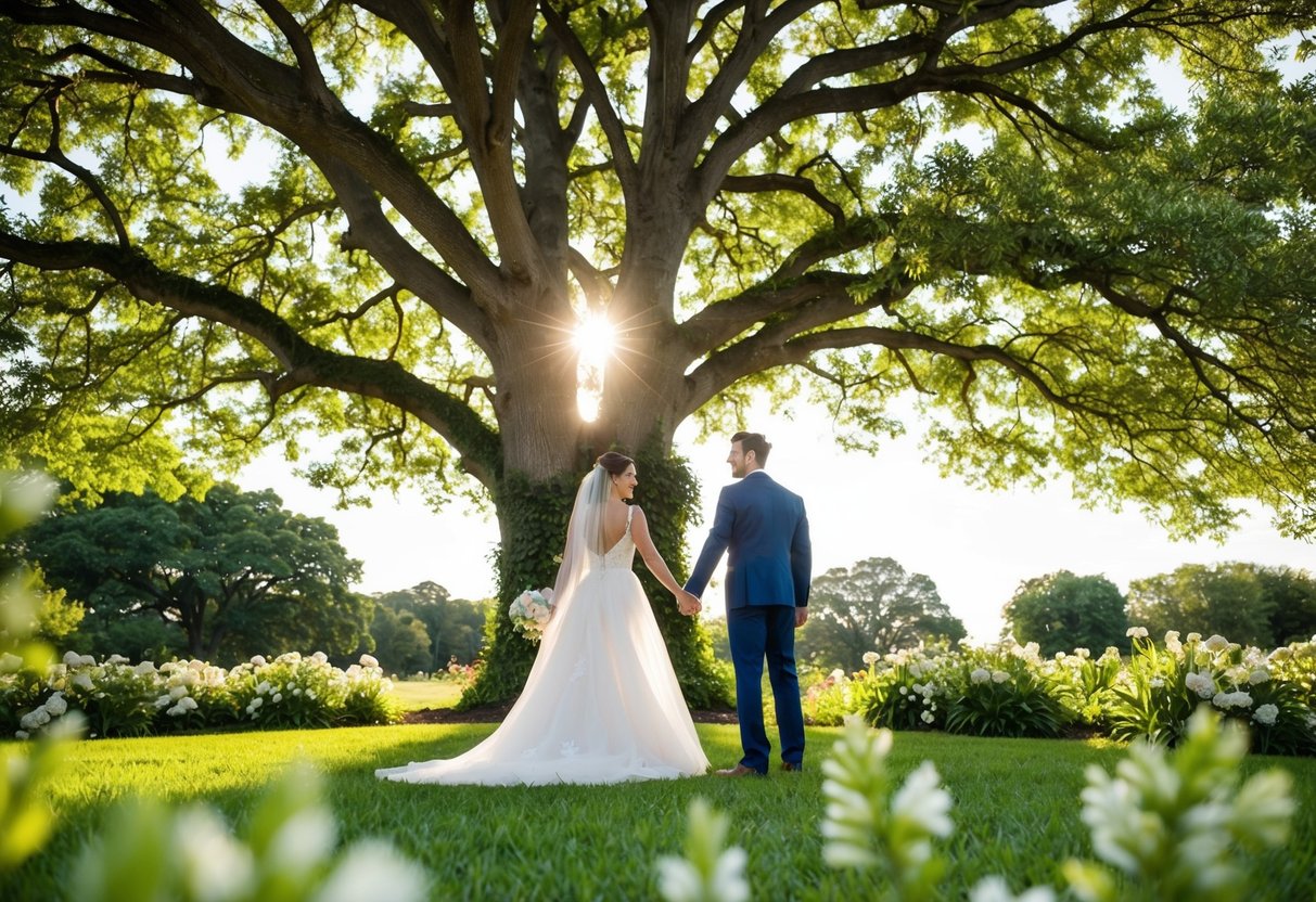 A bride and groom holding hands under a grand oak tree, surrounded by lush greenery and delicate flowers. The sunlight filters through the leaves, casting a warm glow on the couple