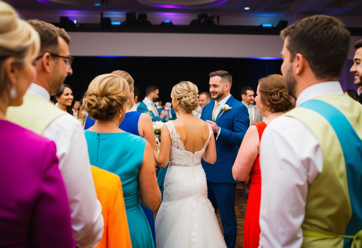 A wedding reception with guests in colorful attire, one person in a white dress being subtly avoided by others