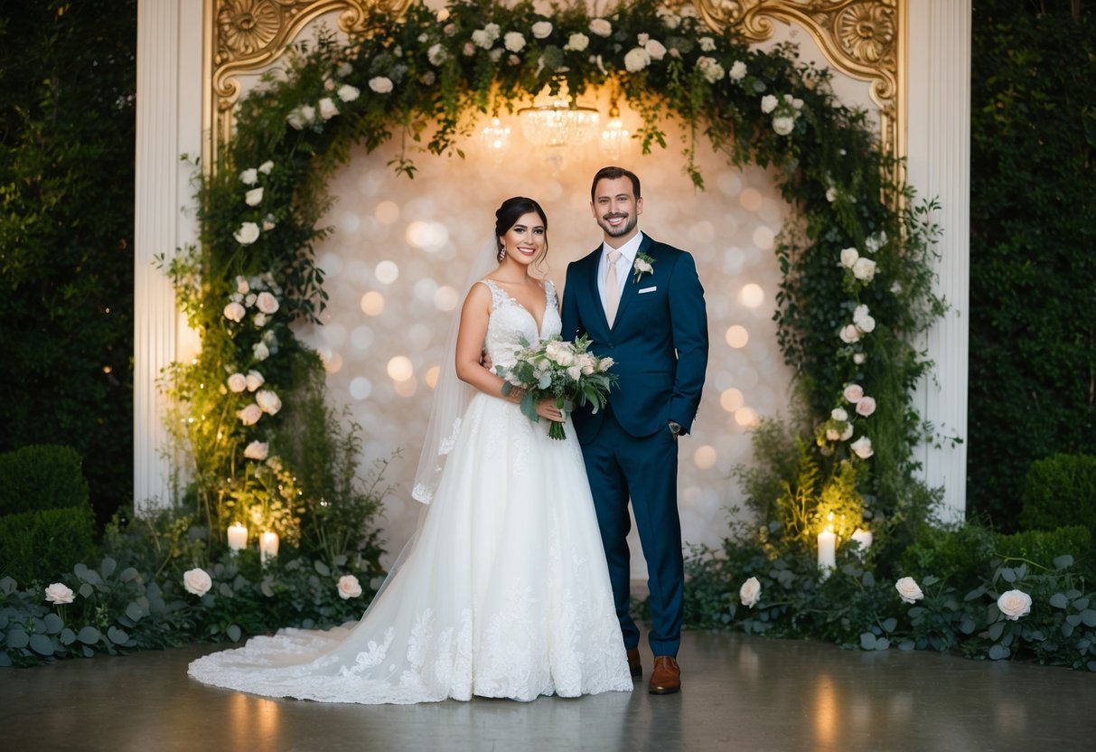 A bride and groom stand in front of an ornate, vintage-inspired backdrop, surrounded by lush greenery and soft, romantic lighting