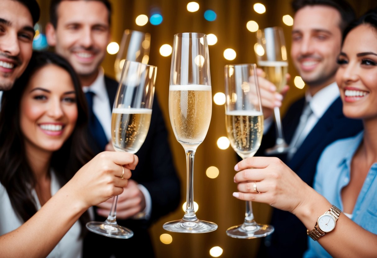 A champagne glass raised in a celebratory gesture, surrounded by smiling faces and clinking glasses
