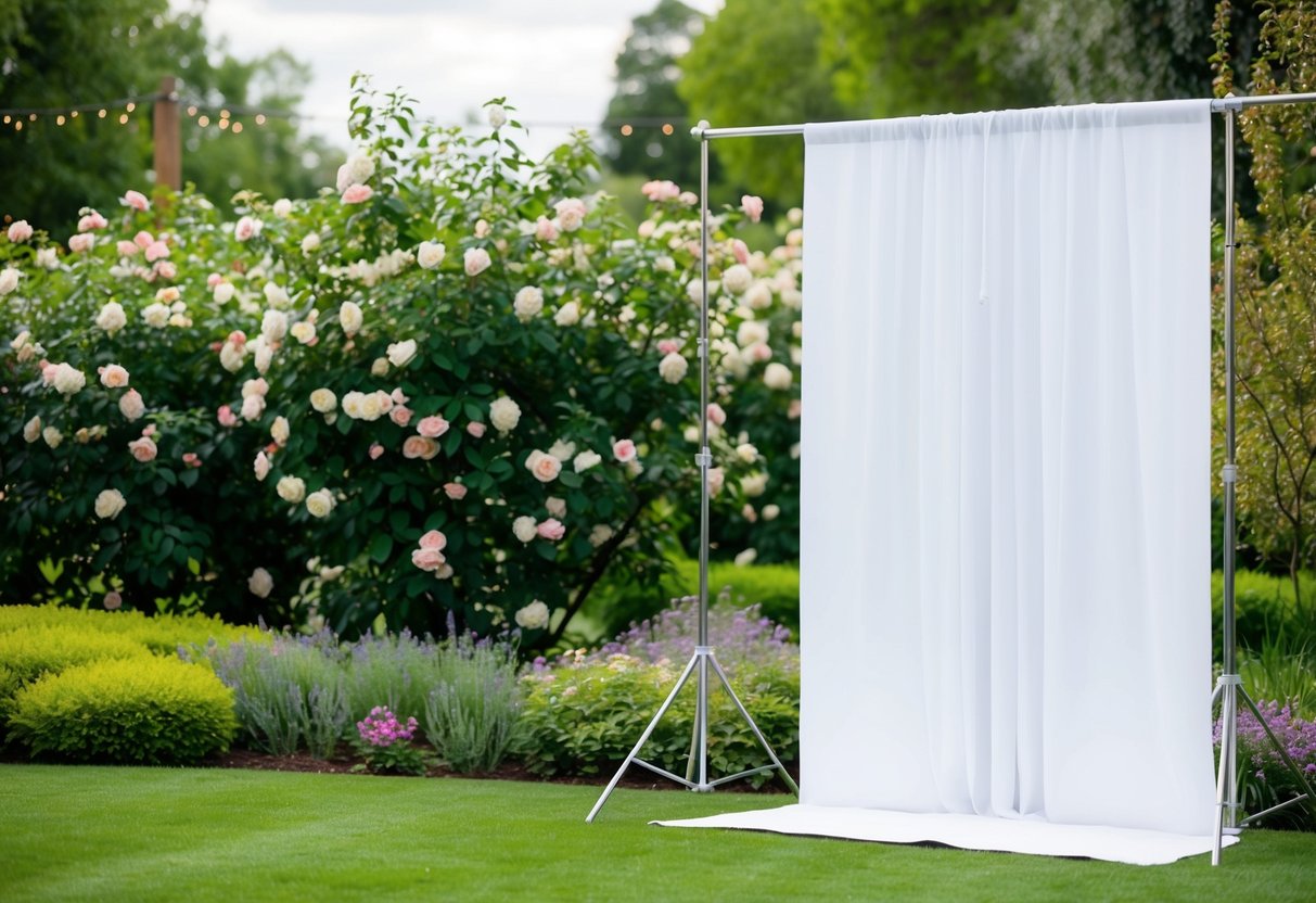 A wedding backdrop, 10 feet wide, stands against a lush garden with blooming flowers and a gentle breeze