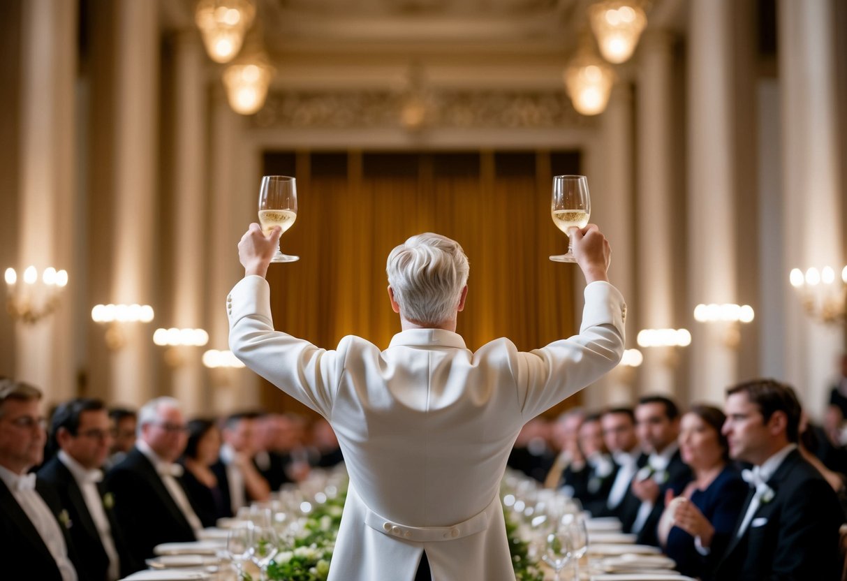 A figure stands at the center of a grand banquet hall, holding a raised glass as all eyes turn toward them