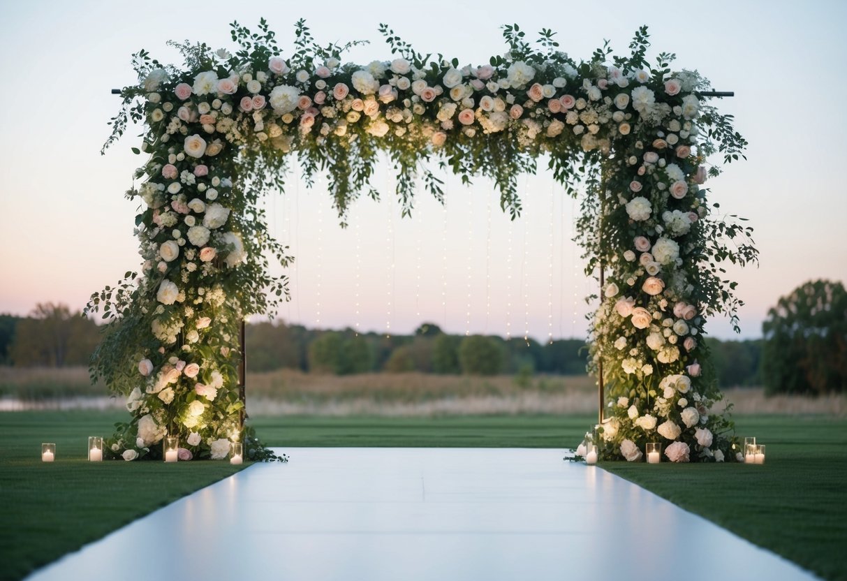 A wedding backdrop stretching 8-10 feet wide, adorned with lush florals and twinkling lights, set against a serene outdoor landscape