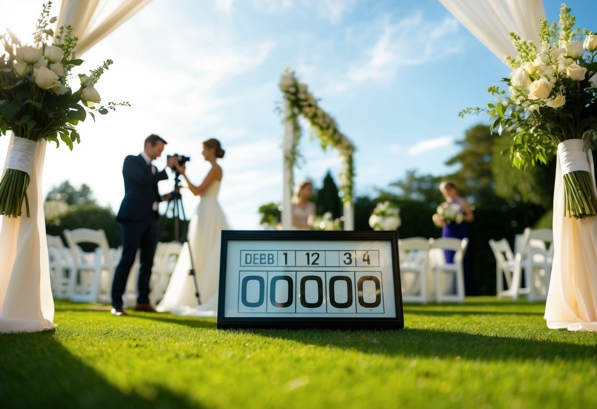 A sunny outdoor wedding venue with a photographer capturing the setting up of decorations and flowers, with a countdown clock showing the date of the wedding