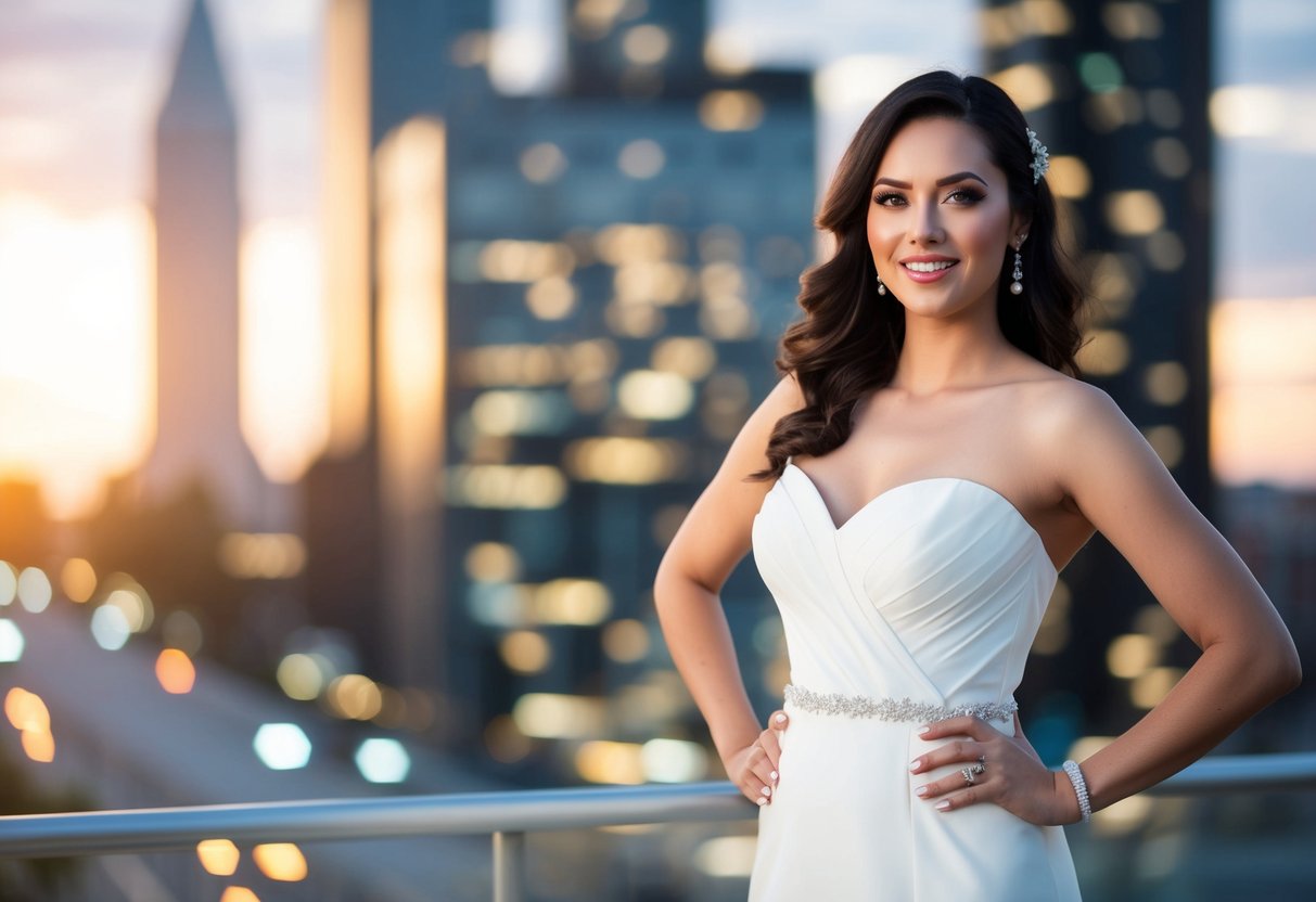 A woman with a white dress, styled hair and makeup, standing confidently with a non-bridal vibe
