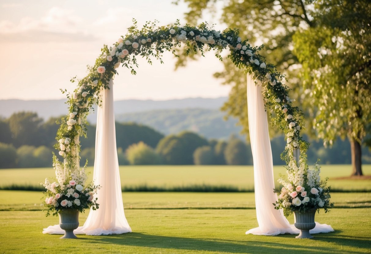 A serene outdoor setting with a picturesque backdrop, a wedding arch adorned with flowers, and a soft, warm light filtering through the trees