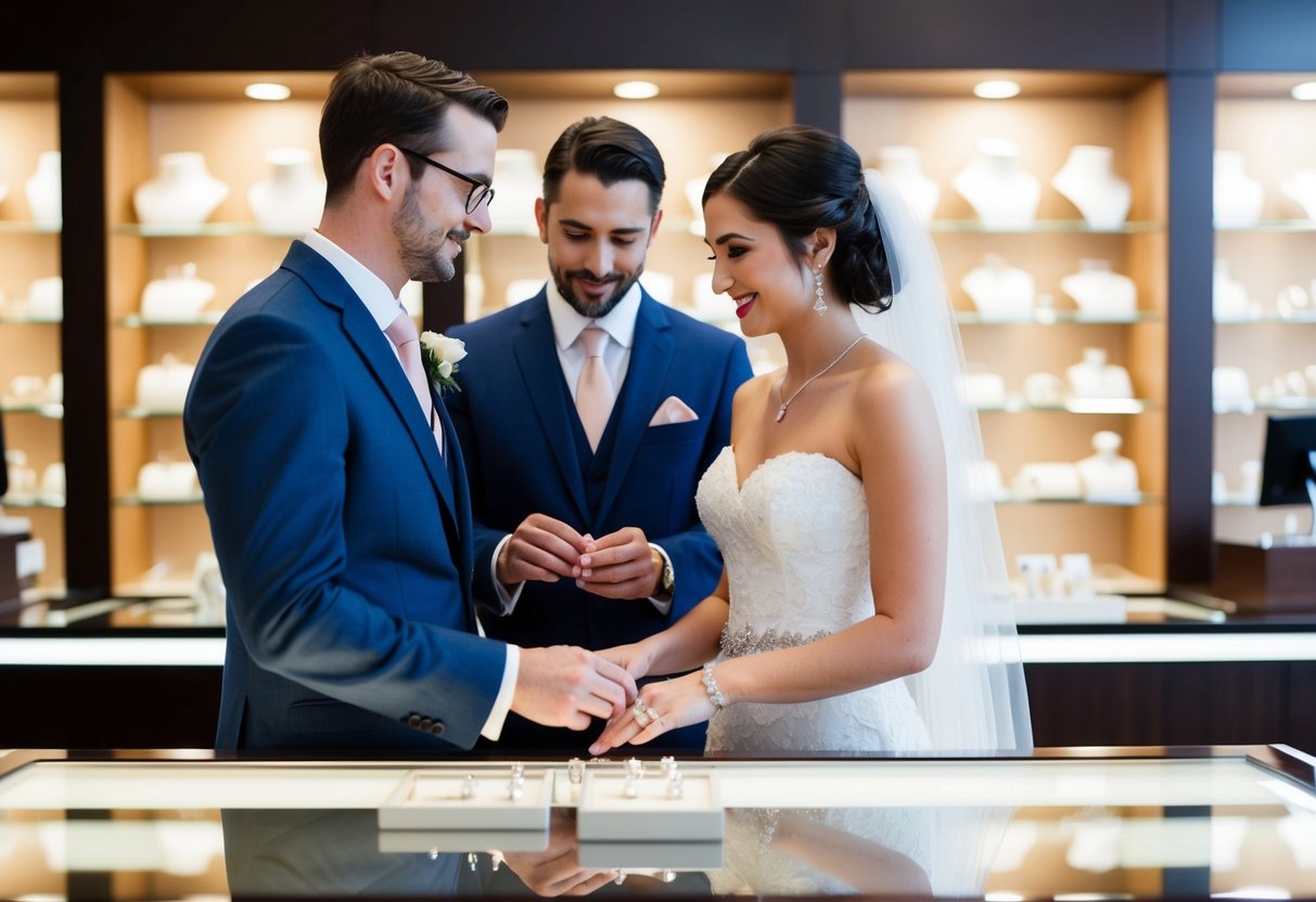 A bride and groom standing in front of a jewelry store counter, discussing wedding bands with the jeweler