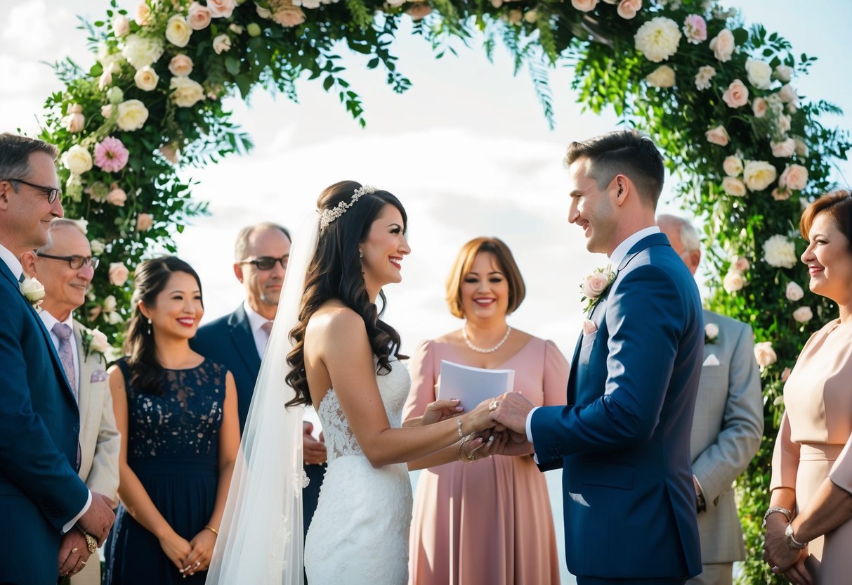 A bride and groom standing beneath a flower-adorned arch, surrounded by family and friends, exchanging vows and rings