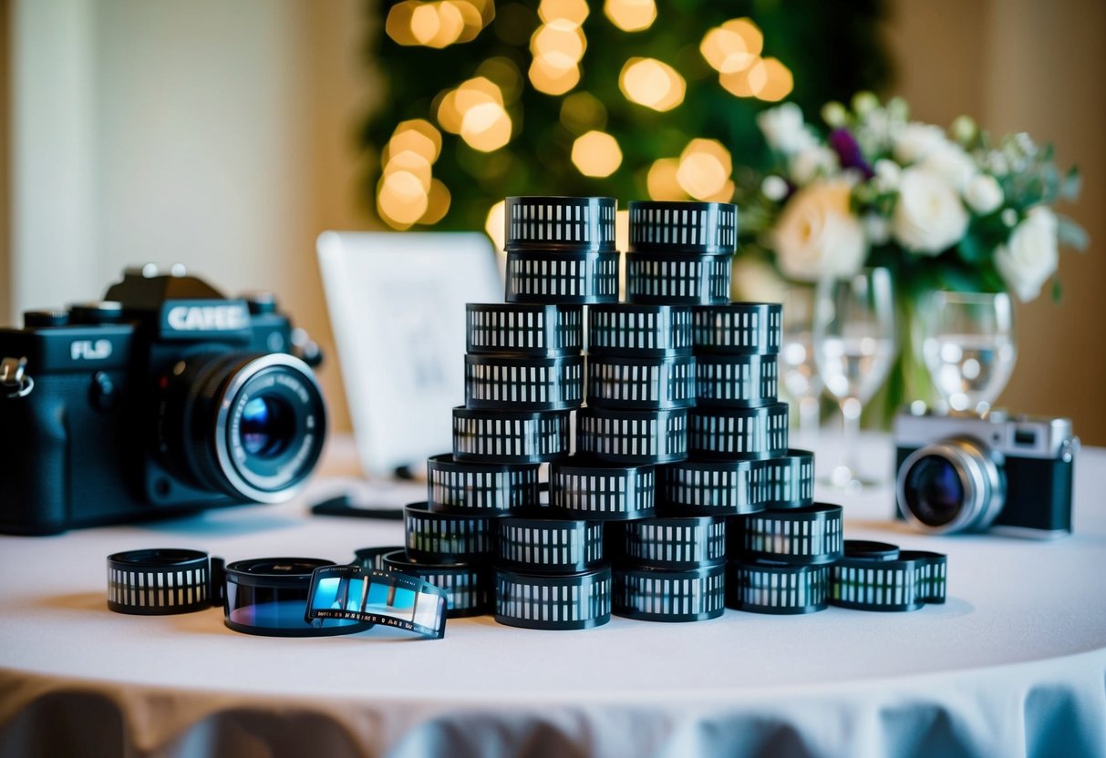Multiple rolls of film stacked on a table, with a camera and wedding accessories in the background