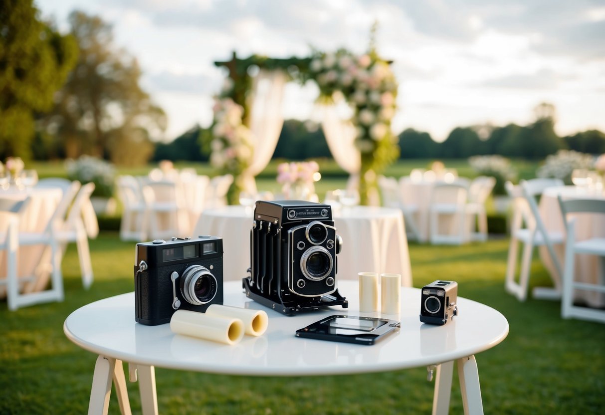 A table with a vintage film camera, rolls of film, and wedding photography equipment set against a backdrop of a romantic outdoor wedding venue