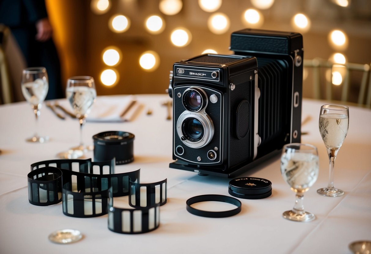 A table with multiple rolls of film, a vintage camera, and wedding decor