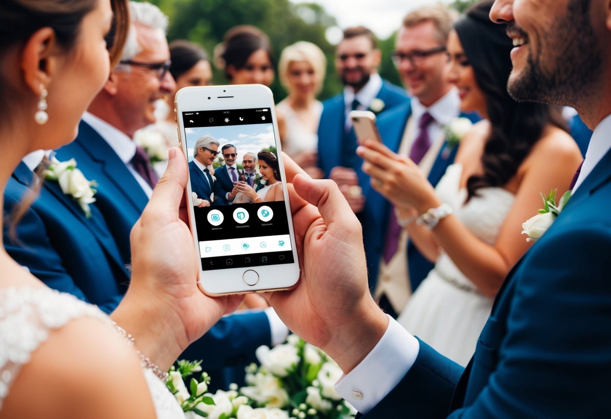 Wedding guests using a mobile app to instantly share photos