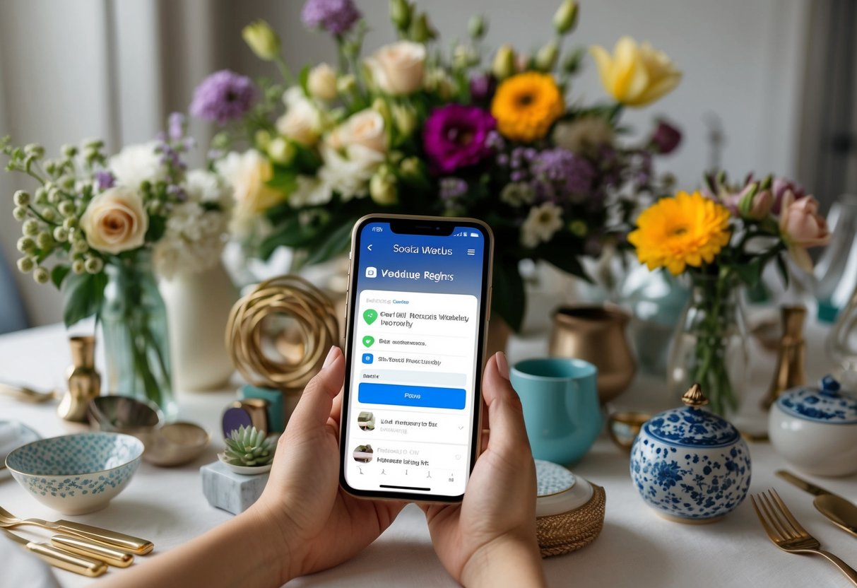 A table with various household items, surrounded by flowers and decorative elements, with a smartphone displaying a social media app open to a wedding registry page