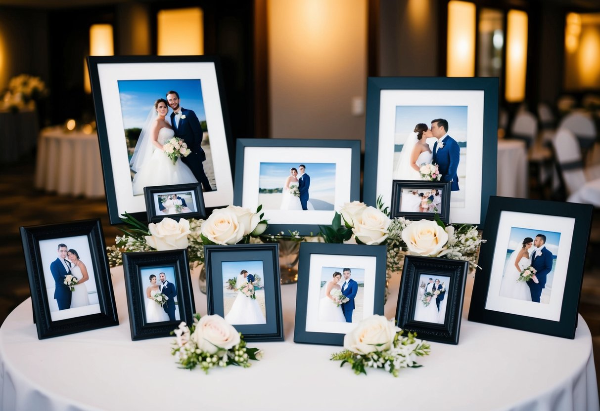 A table displaying a variety of wedding photos in different sizes, surrounded by decorative frames and flowers