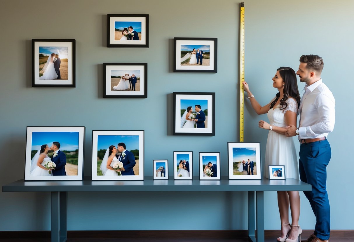 A table with various sizes of wedding photos displayed on a wall, with a measuring tape and a couple discussing the options