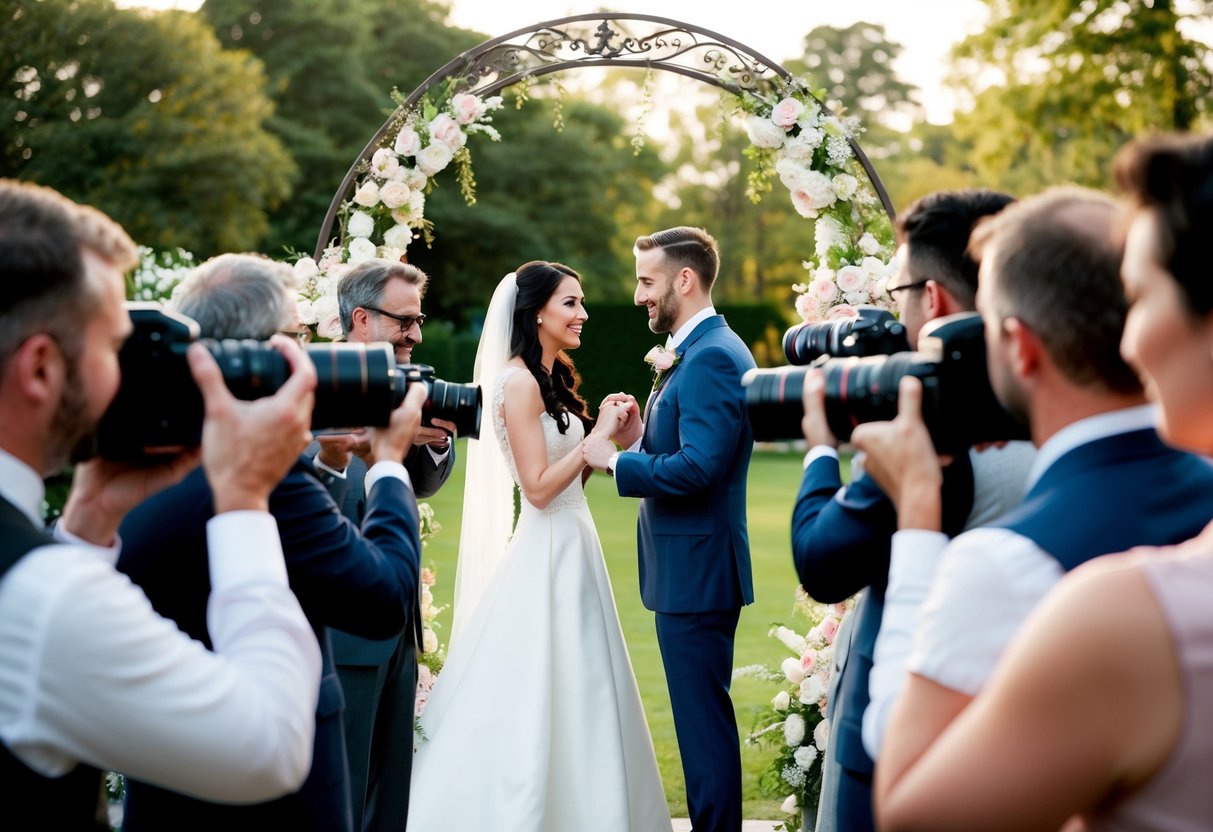 Guests holding cameras, capturing the bride and groom exchanging vows in a beautiful outdoor setting with flowers and a decorative archway