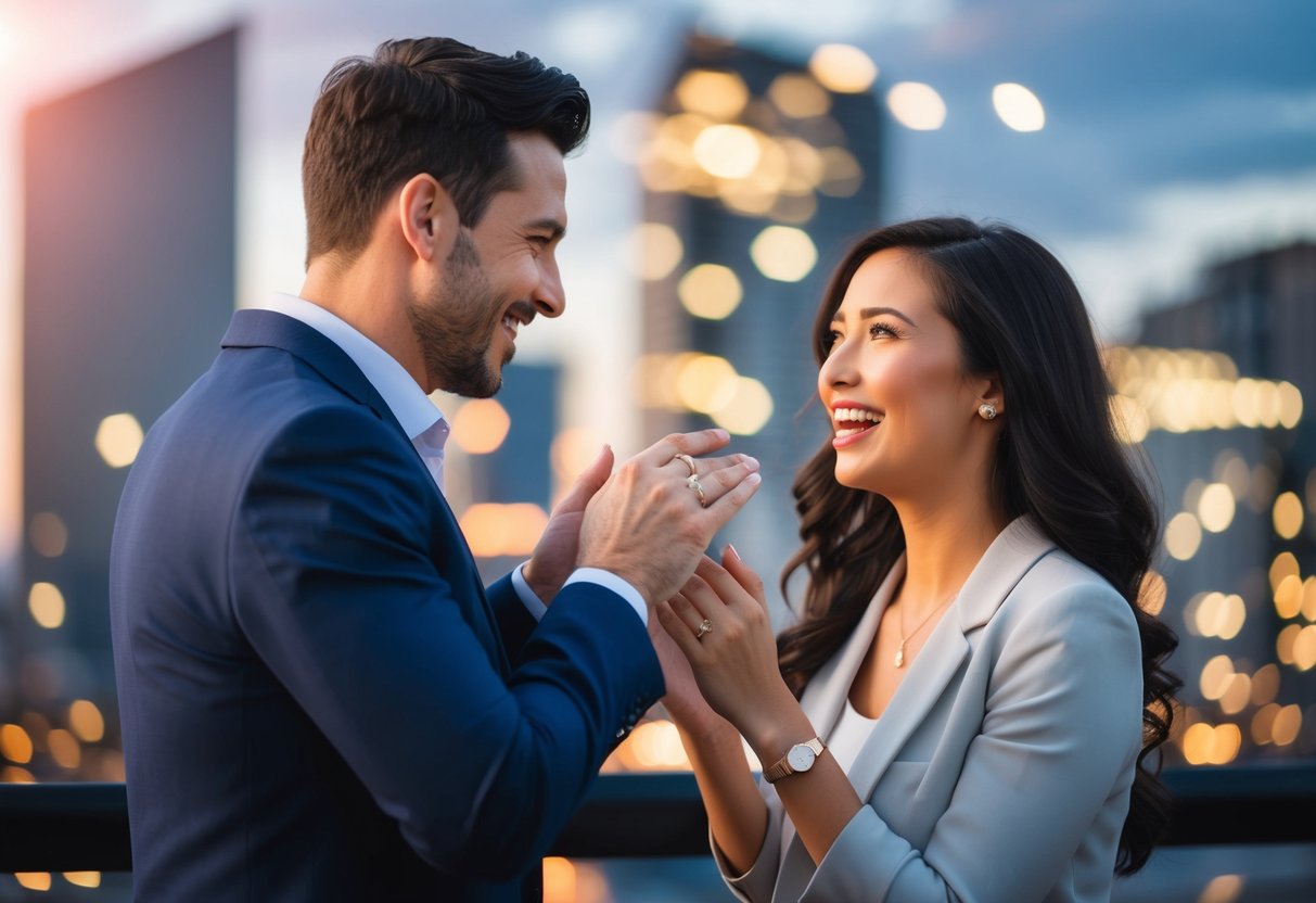 A man holds out a ring to a woman. She looks surprised and delighted