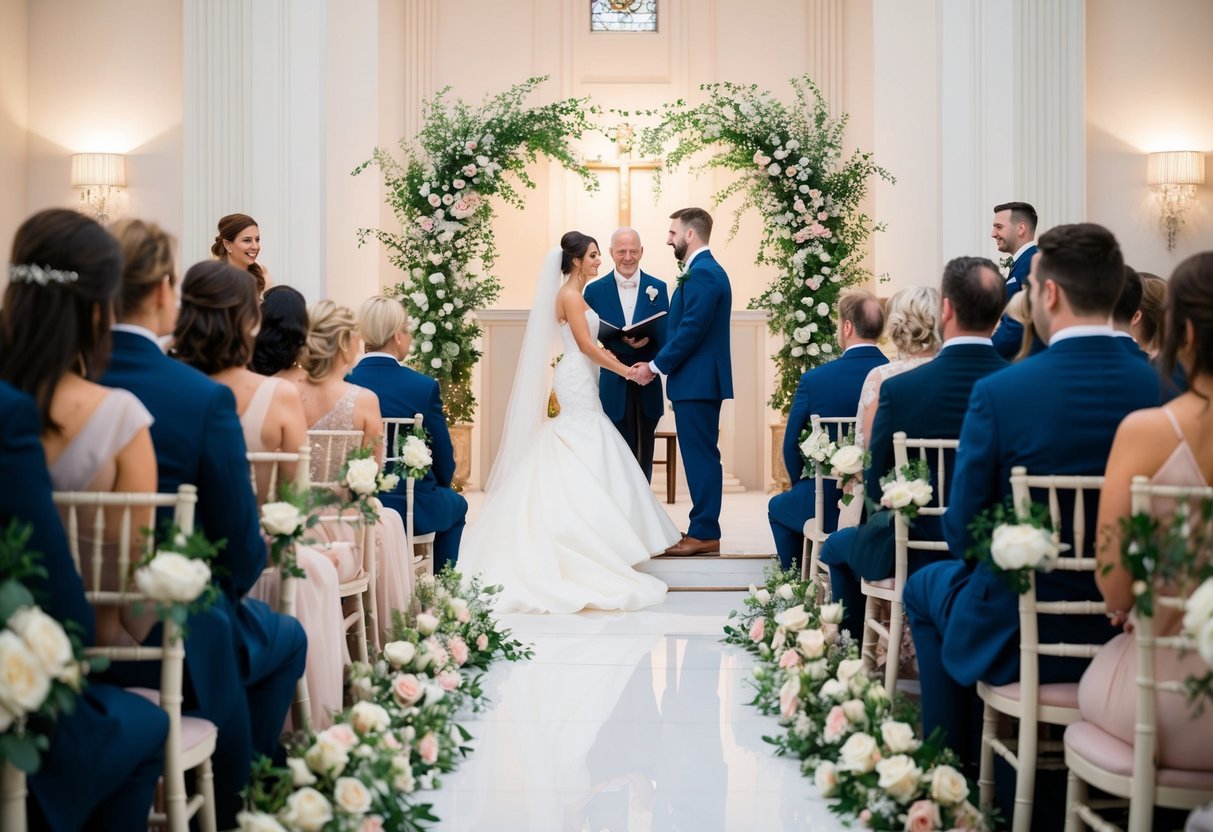 A beautiful wedding ceremony with guests seated and the bride and groom at the altar. The setting is elegant and serene, with flowers and decorations adorning the space