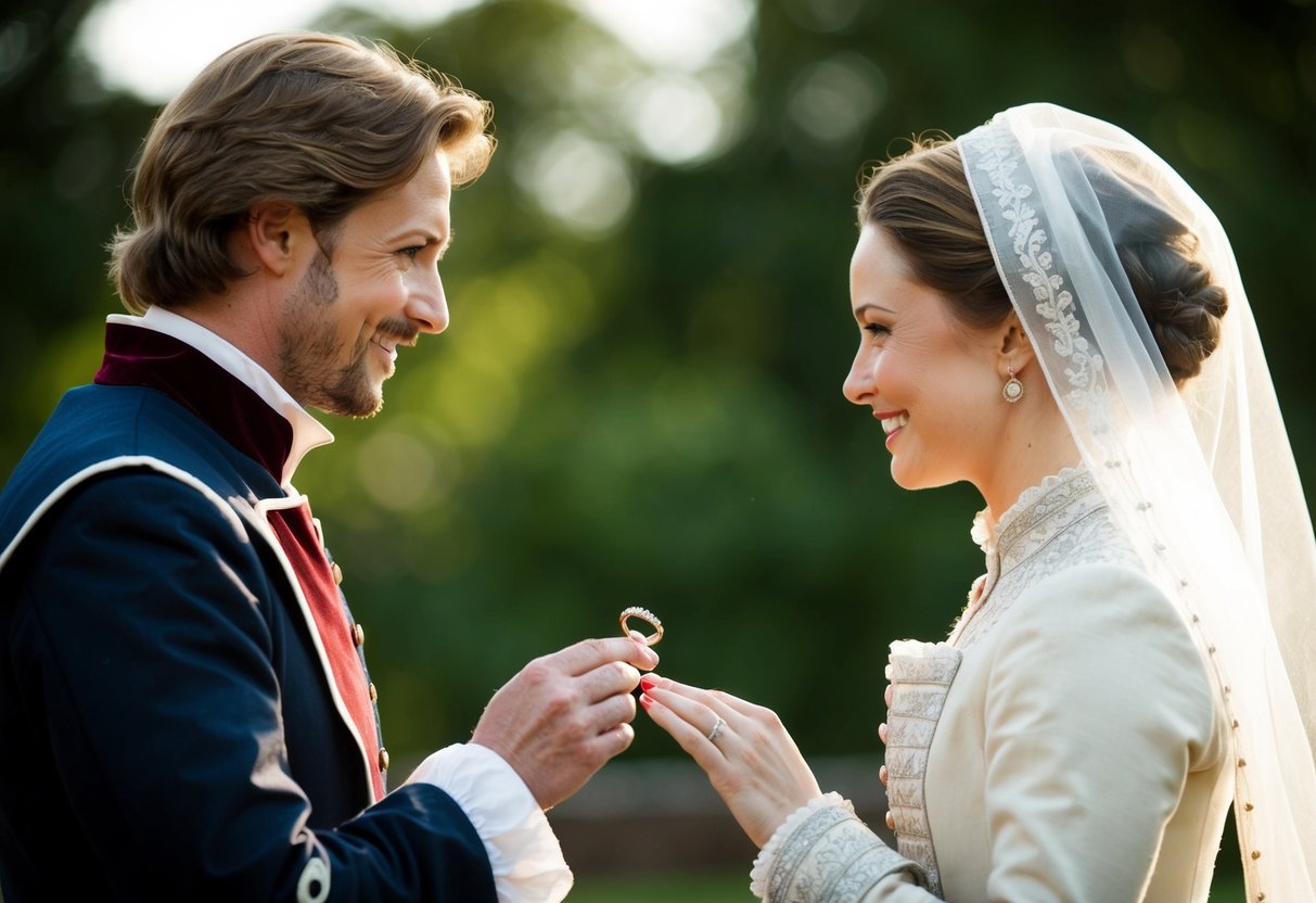 A man presenting a ring to a woman, both dressed in historical attire