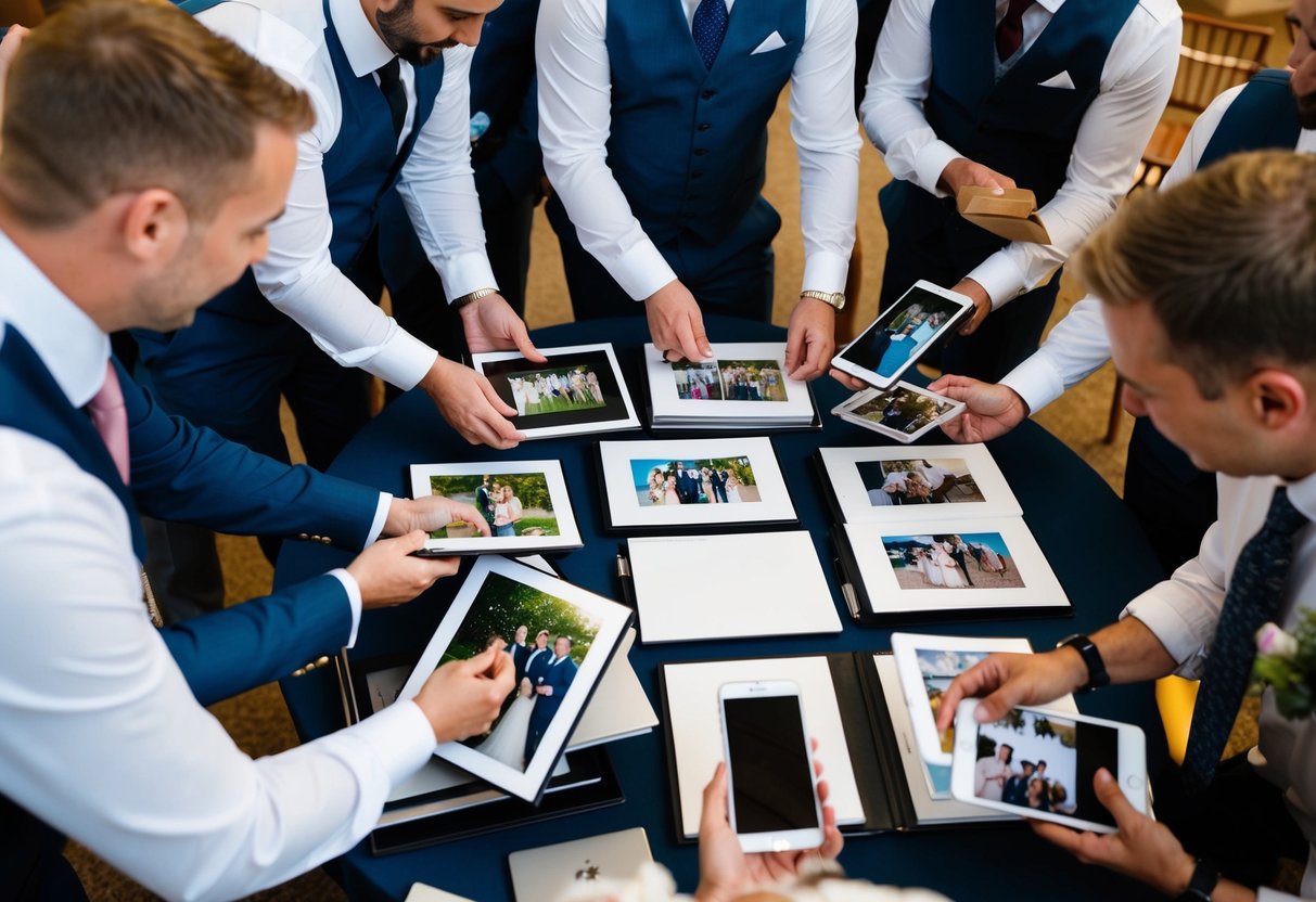 Guests gathered around a table, exchanging and organizing wedding photos in albums and digital files. Some guests admire printed photos, while others share and upload images on their devices