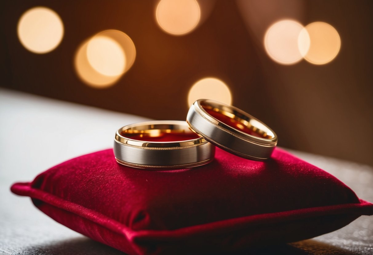 Two wedding bands resting on a velvet cushion, bathed in soft, warm light