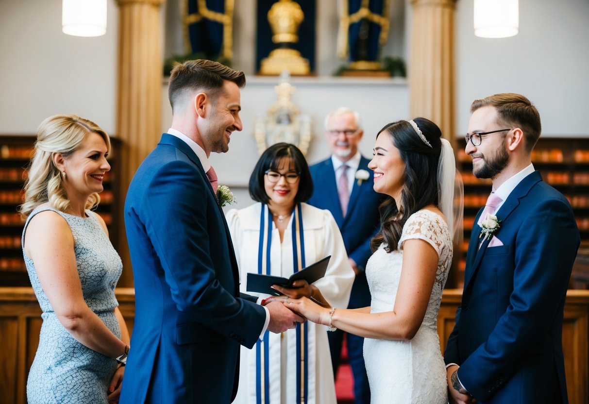 A couple stands before a registry office official, exchanging vows as two witnesses look on