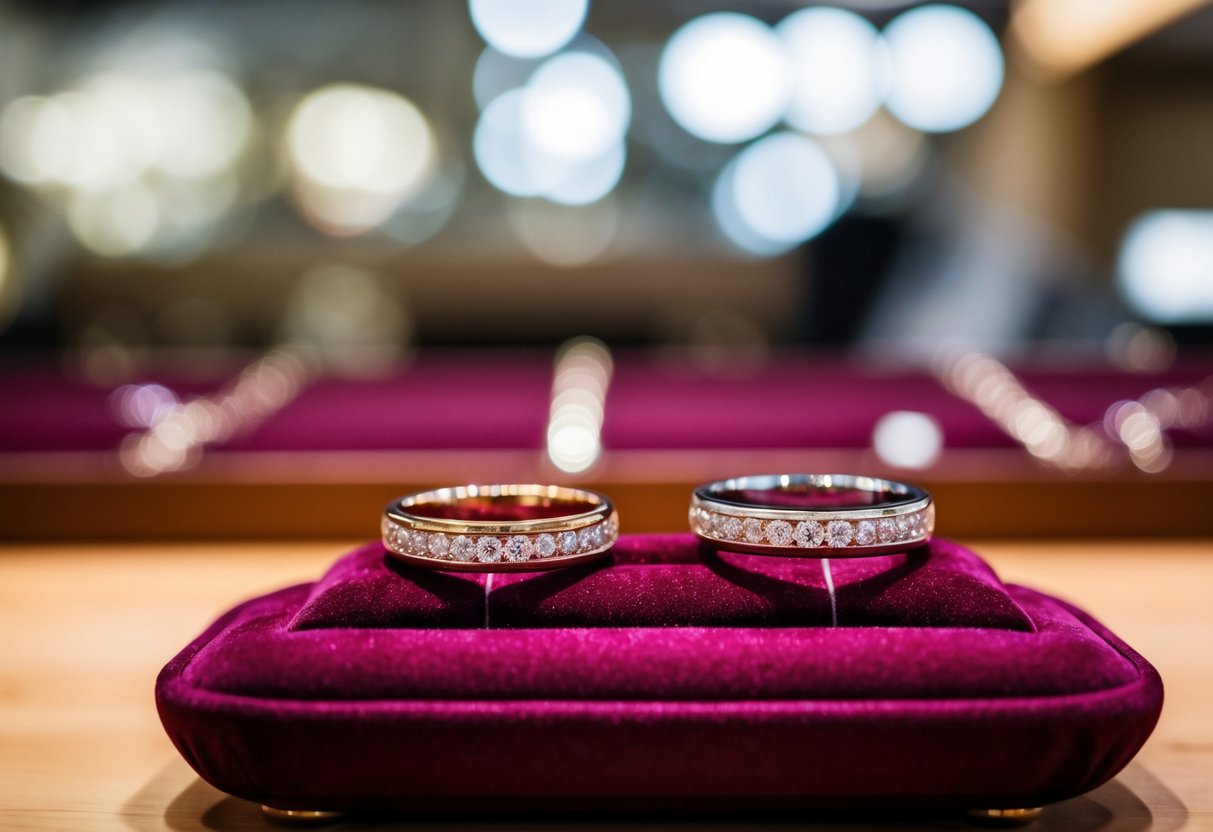 Two wedding bands displayed on a velvet cushion in a jewelry store
