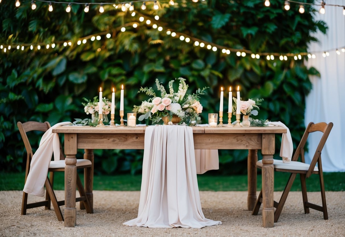 A rustic wooden table adorned with flowers, candles, and draped fabric, set against a backdrop of lush greenery and twinkling string lights