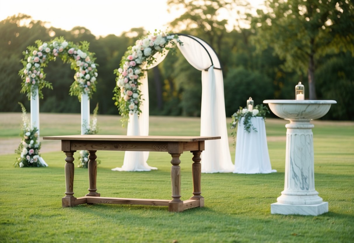 A serene outdoor wedding setting with a variety of altars to choose from, including a floral arch, rustic wooden table, and elegant marble pedestal